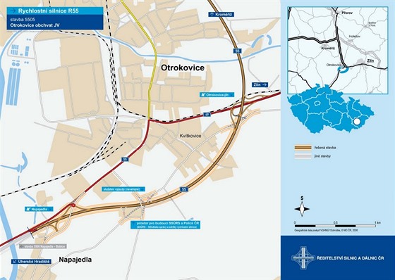 Plánovaná trasa druhé poloviny obchvatu Otrokovic, který je součástí dálnice...