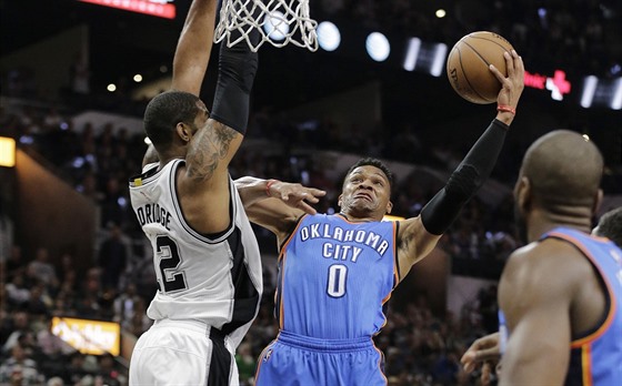 Russell Westbrook z Oklahoma City Thunder  zakonuje, brání ho LaMarcus...