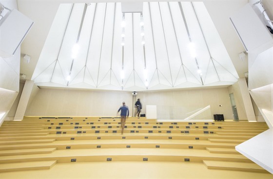 Tvarové eení stropu vychází z pdorysu sálu navreného ve tvaru rozeveného...