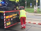 Oprava strženého trolejového vedení pod viaduktem v ulici Jaromírova v...