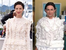 Model hereky Caitriony Balfe, který oblékla do Cannes, a domácká verze od Toma...