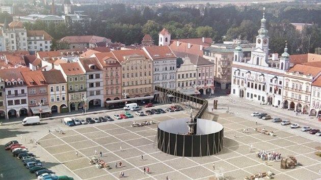 Samsonovu kašnu na náměstí Přemysla Otakara II. v Českých Budějovicích obklopí v září a říjnu sedm metrů vysoká stěna. Výstavní projekt připravil pro Dům umění architekt Jan Šépka.