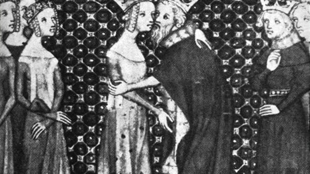 Na soudobé miniatuře z návštěvy Karla IV. roku 1378 u francouzské královny je zřetelně vidět jeho přihrbenou zmrzačenou postavu (archiv autora).