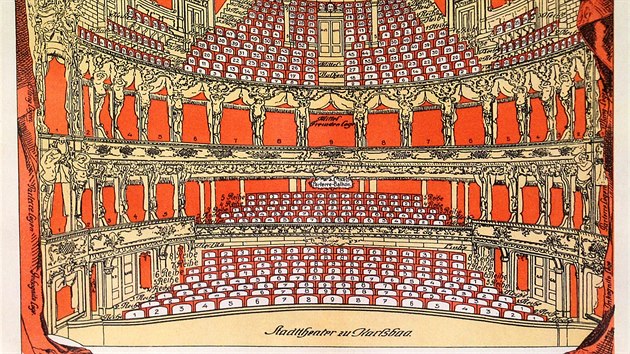 Secesn plnek hledit karlovarskho divadla z roku 1910. Reprodukce z vstavy "Mstsk divadlo Karlovy Vary 1886-2016" podan ke 130. vro oteven jeho budovy v krajsk knihovn.