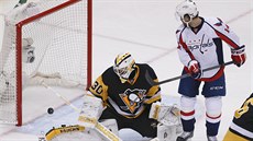 Branká Pittsburghu  Matt Murray inkasuje gól od Washingtonu.