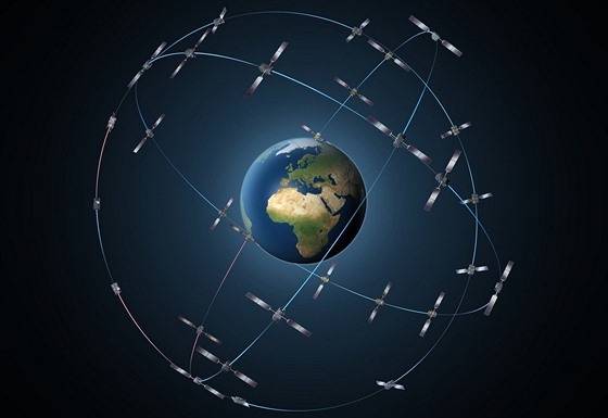 Konstelace třiceti satelitů Galileo na oběžné dráze ve výšce 23 222 km nad Zemí