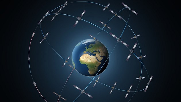 Konstelace ticeti satelit Galileo na obné dráze ve výce 23 222 km nad Zemí