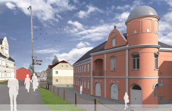 Vizualizace centra Mikuláovic - vpravo budova hvzdárny po úprav.