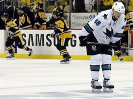 Zklaman Tom Hertl (vpravo) ze San Jose a rozjsan hri Pittsburghu.