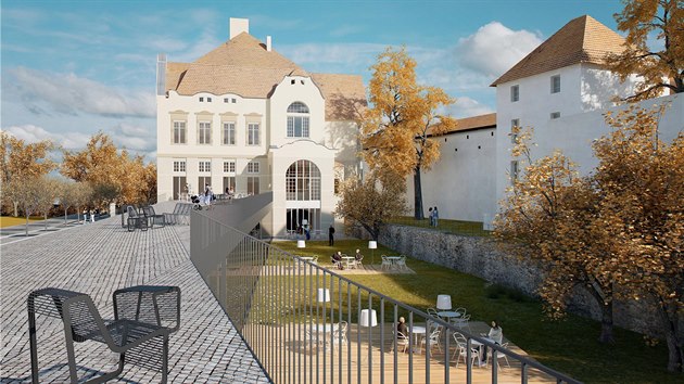 Promenáda ke knihovně - vizualizace plánované podoby futuristické přístavby chebské knihovny.