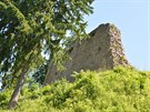 Pi pohledu zdola jsou na jedné ze zdí hradu Litice zeteln vidt dva otvory...