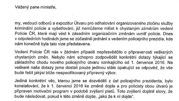 Oteven dopis 17 policist OOZ ministrovi vnitra Milanu Chovancovi (9. ervna 2016)