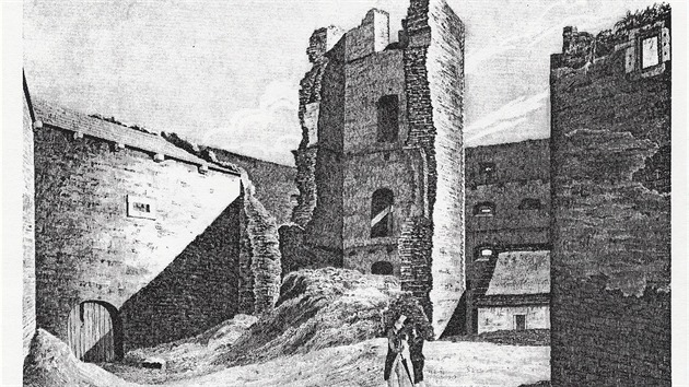 Ruina pvodní gotické ve z konce 13. století, rytina P. Röhlicha dle kresby...
