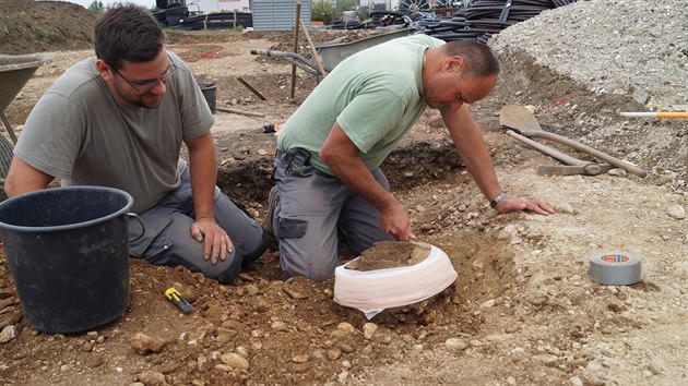 Rakouští archeologové při práci u obce Hörsching, kde se našly zlaté mince Keltů. (8.6.2016)