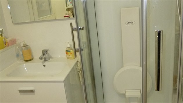 Koupelna se sprchovým koutem a toaletou je společná. 