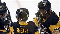 Conor Sheary slaví se spoluhrá�i z Pittsburghu gól ve finále Stanley Cupu se...