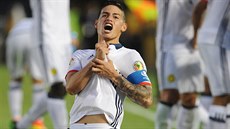 Kolumbijský fotbalista James Rodríguez krátce poté, co vstelil gól v zápase s...