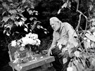 Výtvarník Josef Hampl v zahrad� svého ateliéru v Hru�ov�.