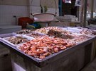 erstvé krevety na trhu s moskými plody v Casco Viejo