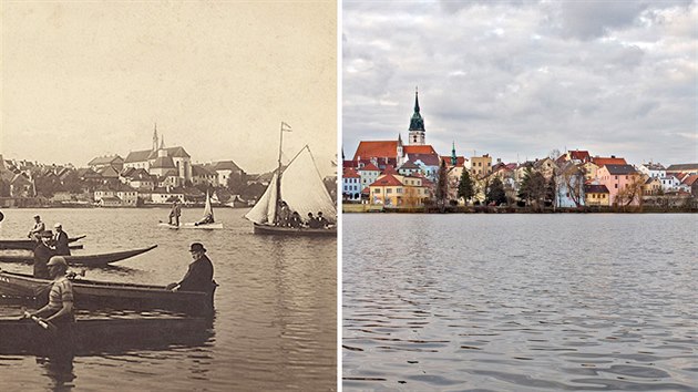 Jindichv Hradec a rybnk Vajgar kolem roku 1895 a dnes.