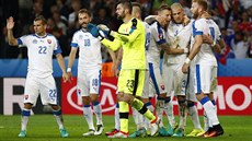 Slovenská radost po vítězství v utkání mistrovství Evropy nad Ruskem.