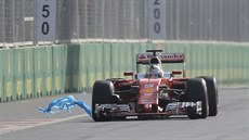 Sebastian Vettel projídí kousek kolem igelitového pytle bhem Velké ceny...