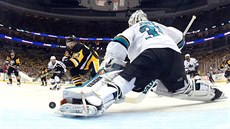 Branká San Jose Martin Jones maí anci Nicka Bonina z Pittsburghu.