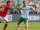 Joe Ledley, záloník Walesu (vlevo) se pokouí zastavit kapitána Severního...