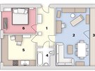 Pdorys: 1. pedsí, 2. obývací pokoj, 3. balkon, 4. koupelna s WC, 5. kuchy,...