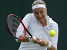 eská tenistka Petra Kvitová ve wimbledonském souboji s Rumunkou Soranou...