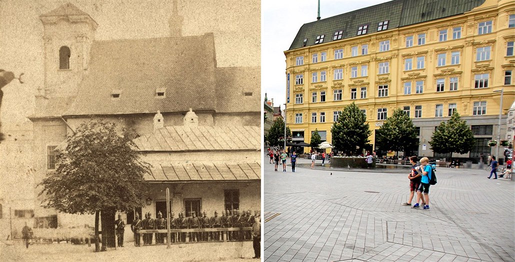 Na vzácném snímku  z roku 1866 je brn�nský kostel sv. Mikulá�e a dne�ní pohled...