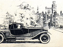 koda-Hispano-Suiza jako reklamn kresba na dobov automap.