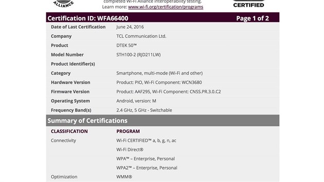 Certifikace wi-fi aliance pro BlackBerry Neon.