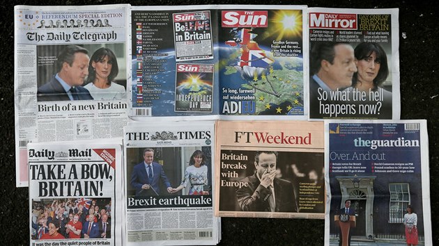 Britsk denky referovaly o vsledku referenda rzn. Denky The Sun a Daily Mail slavily,list The Times brexit pirovnal k zemtesen (25. ervna 2016)
