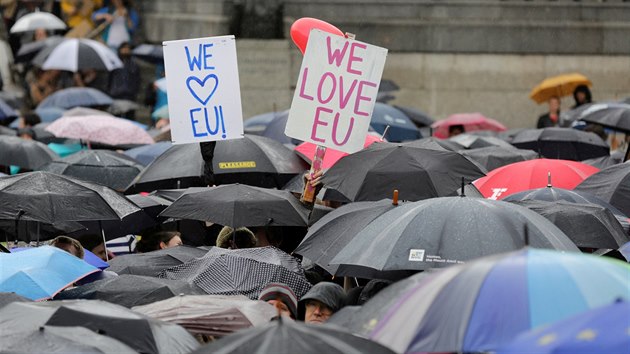 Pznivci setrvn Britnie v EU demonstruj na londnskm nmst Trafalgar Square (28.6.2016).