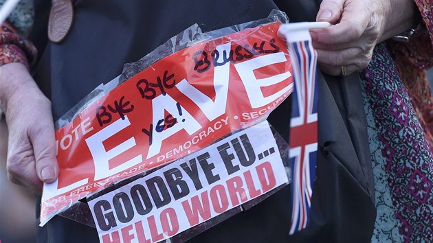 „Sbohem EU,“ hlásí nápis v rukou příznivkyně brexitu (24. červen 2016)
