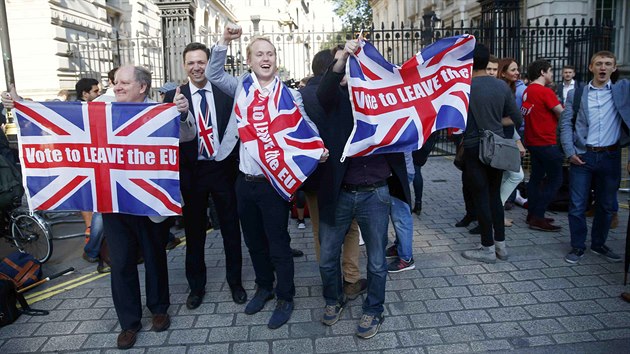 Pznivci brexitu oslavuj na londnsk Downing Street ped sdlem britskho premira Camerona. (24. ervna 2016)