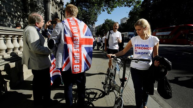 Příznivci brexitu (vlevo) oslavují v centru Londýna výsledky národního referenda k setrvání v EU. (24. června 2016)