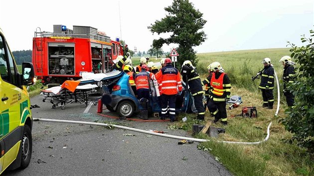 Kromě srážky v Brně zasahovali hasiči v pondělí u několika dalších nehod. Poblíž obce Senetářov narazil vůz do stromu, jeho řidič zahynul. (27.6.2016)