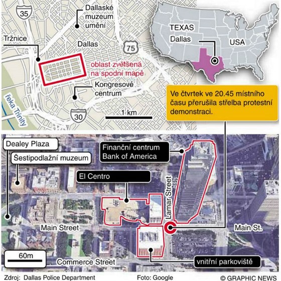 Mapa centra Dallasu, kde pi stelb zahynulo pt policist.