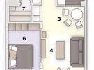 Pdorys: 1. pedsí, 2. kuchy, 3. jídelna, 4. obývací pokoj, 5. terasa, 6....