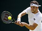 Jií Veselý bojuje v úterní dohrávce osmifinále Wimbledonu proti Tomái...