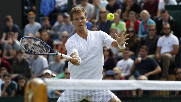 NA STI. Tenista Tom Berdych hraje volej v souboji 2. kola Wimbledonu proti Benjaminu Beckerovi z Nmecka.