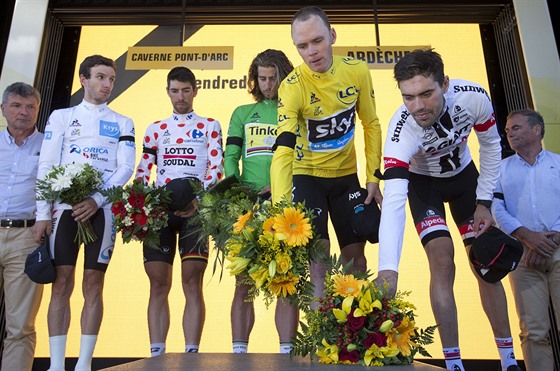 (Zprava) Tom Dumoulin, Chris Froome, Peter Sagan, Thomas de Gendt a Adam Yates...