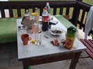 Na terase byl popeln�k pln� nedopalk� a pod stolem byly lahve s tvrd�m...