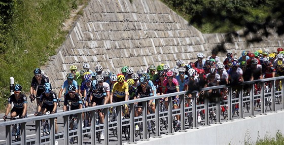 Pohled na balík závodníků v sedmnácté etapě Tour de France.