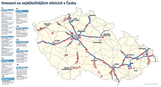 Omezení na nejdůležitějších silnicích v Česku