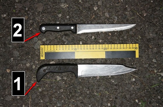 Zajištěné kuchyňské nože, jimiž pachatel ohrožoval mostecké policisty.