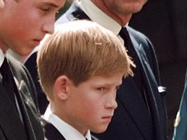 Princ William, princ Harry a jejich otec princ Charles na pohbu princezny...