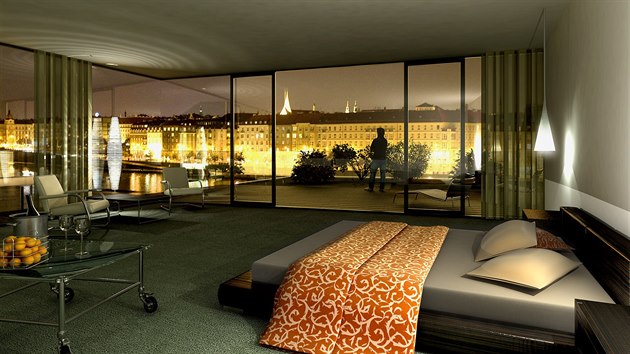 Vizualizace hotelového pokoje uvnitř River Terrace Hotelu, který má vyrůst na Hořejším nábřeží, v sousedství železničního mostu ze Smíchova na Výtoň.